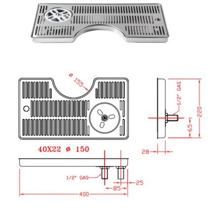 Égouttoir INOX sur comptoir avec découpe 400 x 220 x 30 mm avec rince-verres