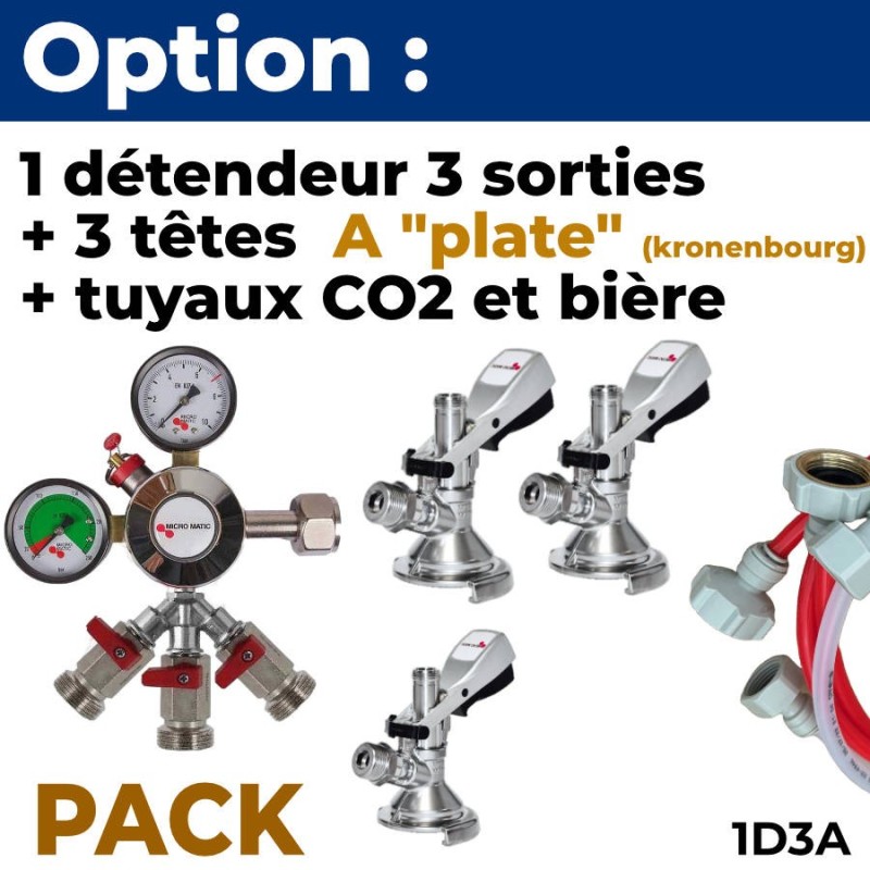 Option pack 3 lignes : détendeur + 3 têtes A "plate" kronenbourg + tuyaux