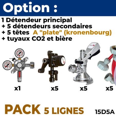 Option pack 5 lignes détendeur + 5 têtes A "plate" kronenbourg + tuyaux