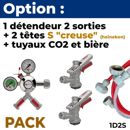 Option pack 2 lignes : détendeur + 2 tête S creuse Heineken + tuyaux