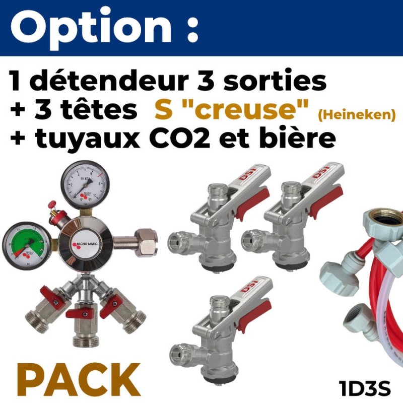 Option pack 3 lignes : détendeur + 3 tête S creuse Heineken + tuyaux