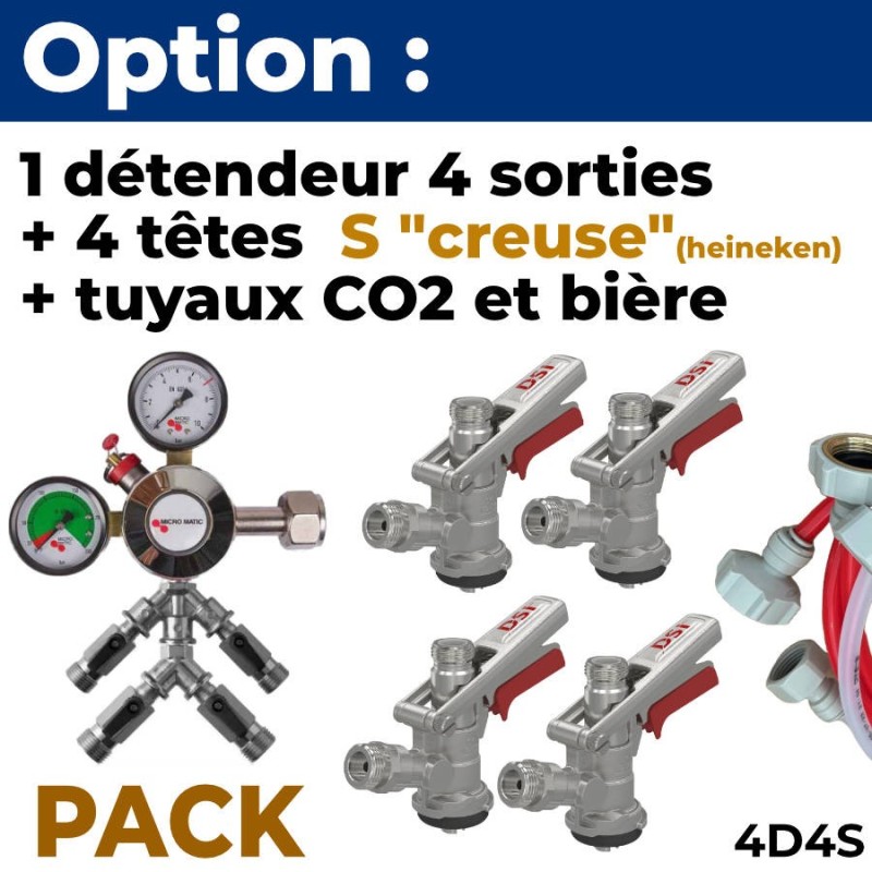 Option pack 4 lignes : détendeur + 4 tête S creuse Heineken + tuyaux