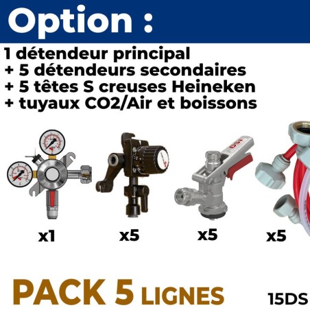 Option pack 5 lignes : 1+5 détendeurs + 5 têtes S creuse Heineken + tuyaux