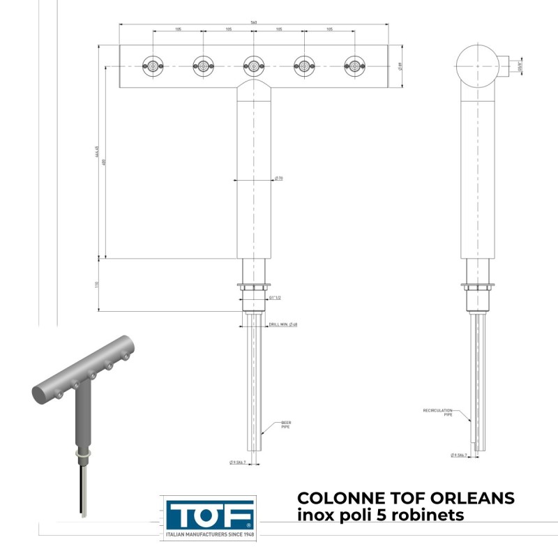 Colonne TOF Orleans inox poli 5 robinets